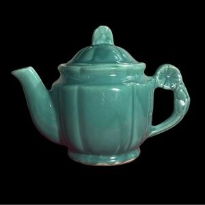 Vintage Shawnee Pottery Tea Pot Green Turquose Flower Handle Lid 1940s USA